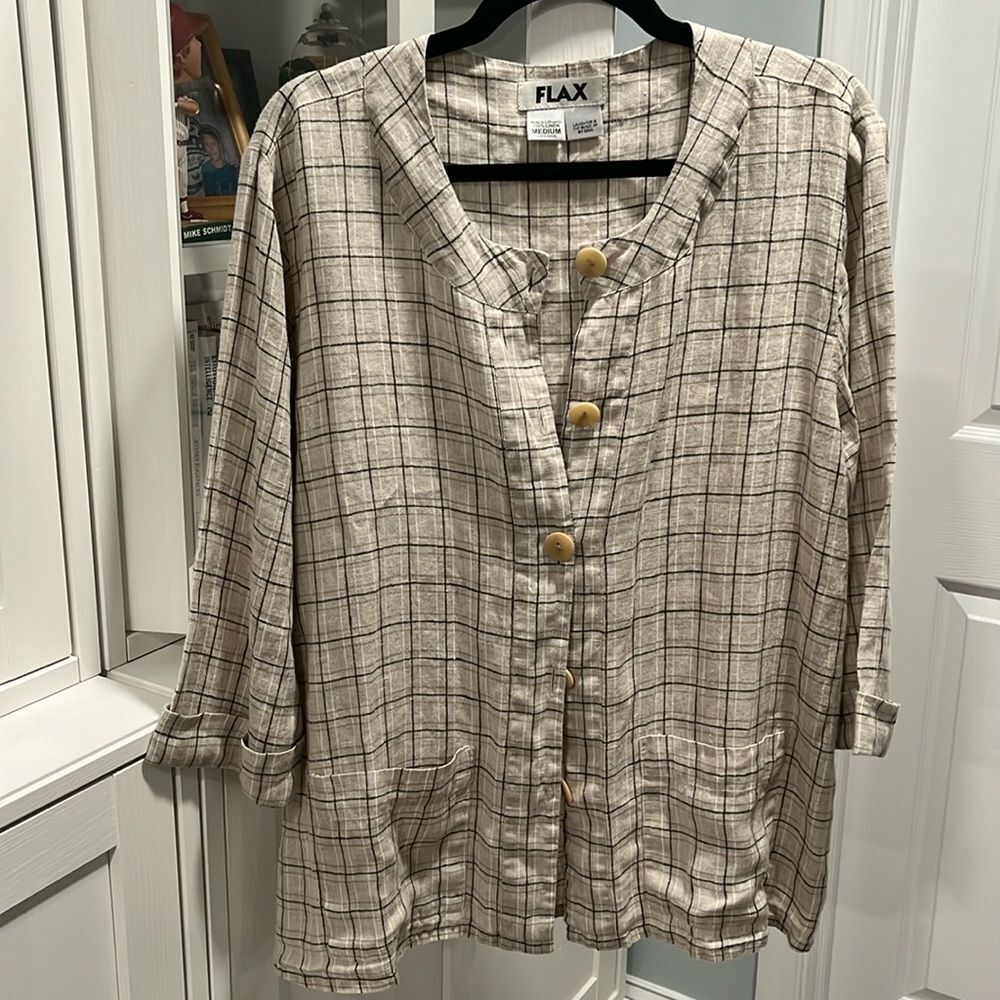 FLAX Beige and Black Plaid Check Linen Summer Jacket, Size M
